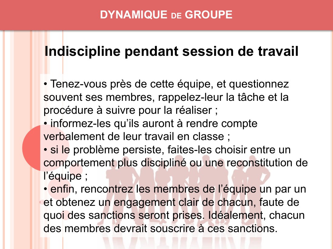 DYNAMIQUE de GROUPE - • Tenez-vous près de cette équipe, et questionnez souvent ses membres, rappelez-leur la tâche et la procédure à suivre pour la réaliser ; - • informez-les qu’ils auront à rendre compte verbalement de leur travail en classe ; - • si le problème persiste, faites-les choisir entre un comportement plus discipliné ou une reconstitution de - l’équipe ; - • enfin, rencontrez les…