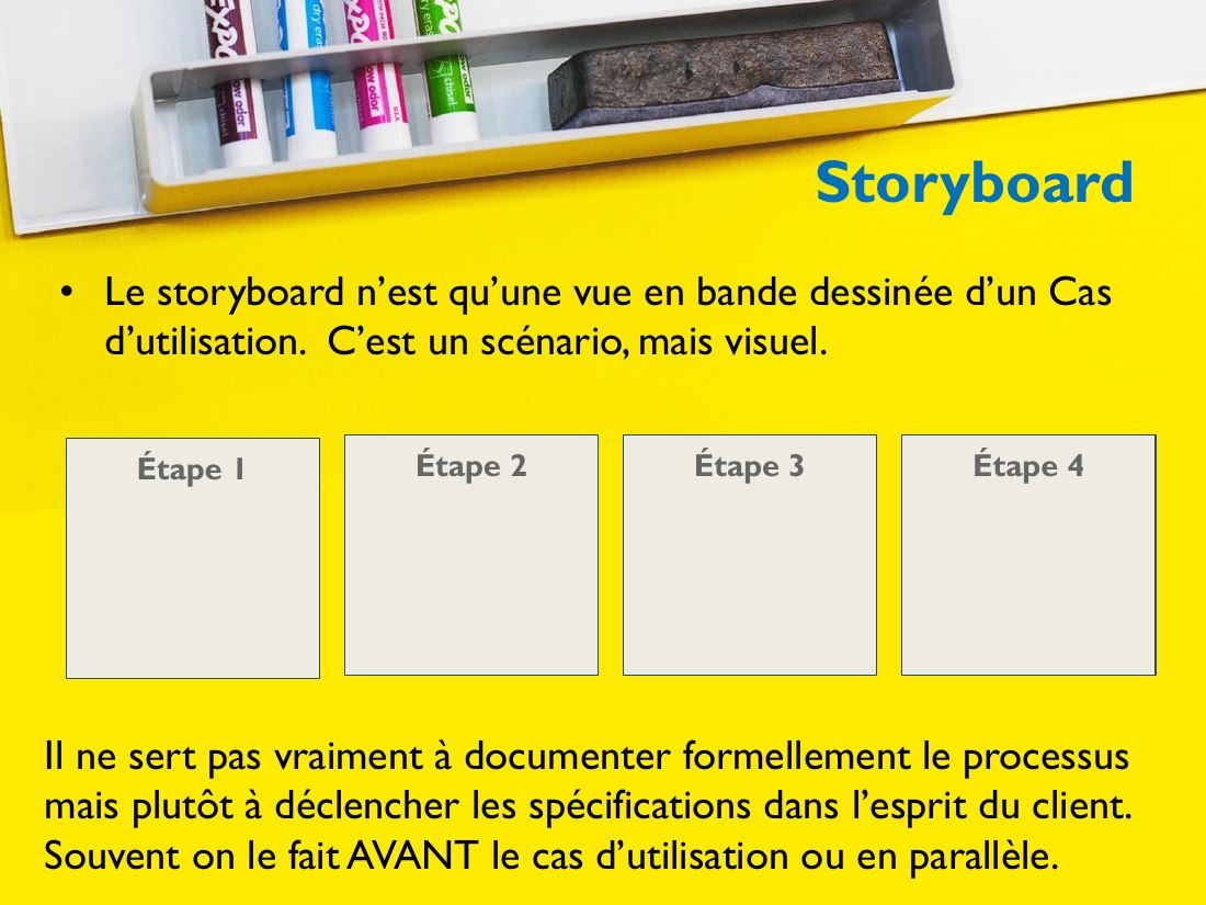 Storyboard - Le storyboard n’est qu’une vue en bande dessinée d’un Cas d’utilisation. C’est un scénario, mais visuel. - Il ne sert pas vraiment à documenter formellement le processus mais plutôt à déclencher les spécifications dans l’esprit du client. Souvent on le fait AVANT le cas d’utilisation ou en parallèle. - Étape 1 - Étape 2 - Étape 3 - Étape 4