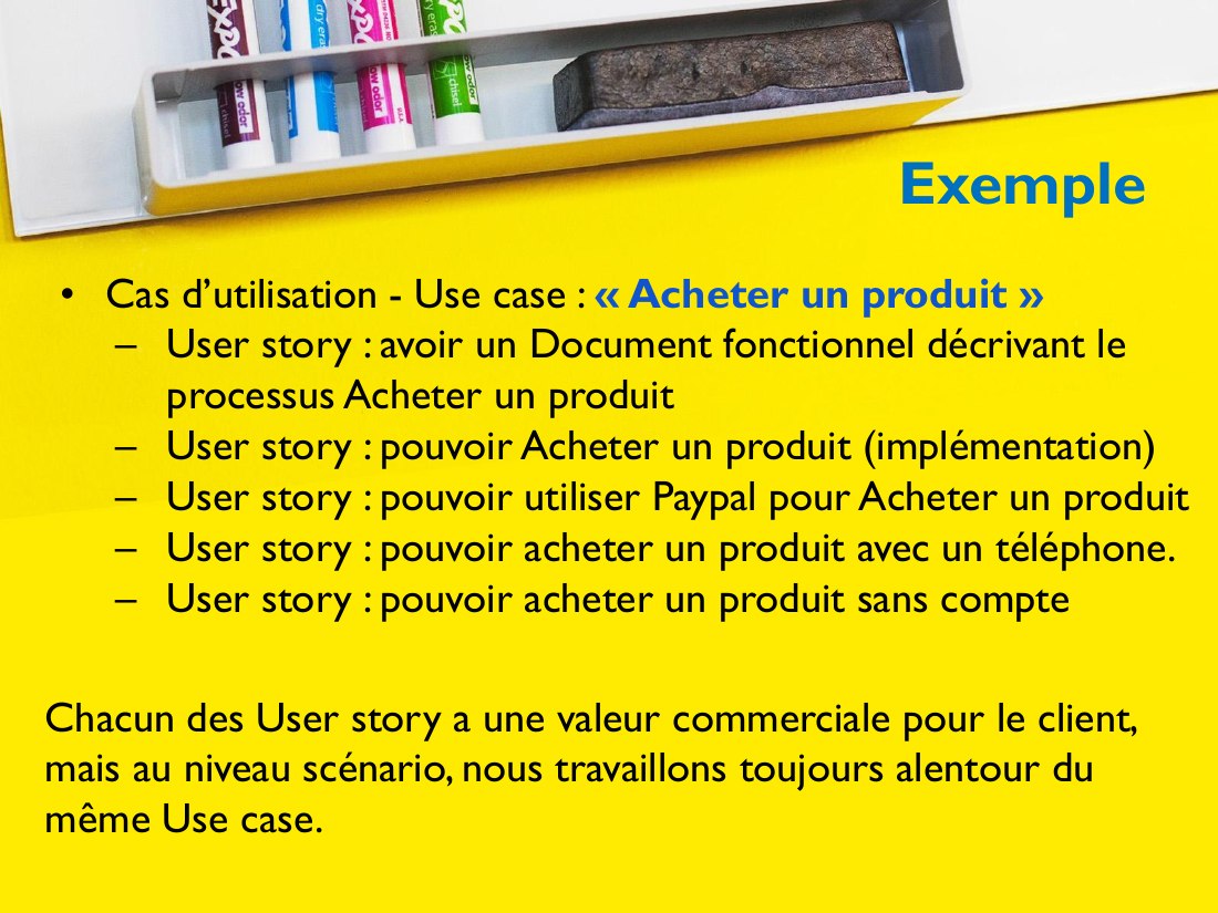 Exemple - Cas d’utilisation - Use case : « Acheter un produit » - User story : avoir un Document fonctionnel décrivant le processus Acheter un produit - User story : pouvoir Acheter un produit (implémentation) - User story : pouvoir utiliser Paypal pour Acheter un produit - User story : pouvoir acheter un produit avec un téléphone. - User story : pouvoir acheter un produit sans compte - Chacun…