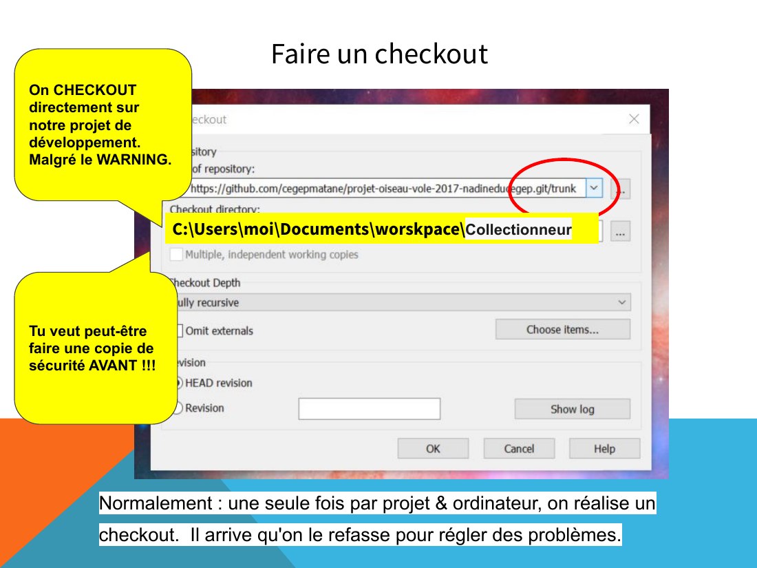 Faire un checkout - Normalement : une seule fois par projet & ordinateur, on réalise un checkout. Il arrive qu'on le refasse pour régler des problèmes. - C:\Users\moi\Documents\worskpace \ Collectionneur - On CHECKOUT directement sur notre projet de développement. - Malgré le WARNING. - Tu veut peut-être faire une copie de sécurité AVANT !!!