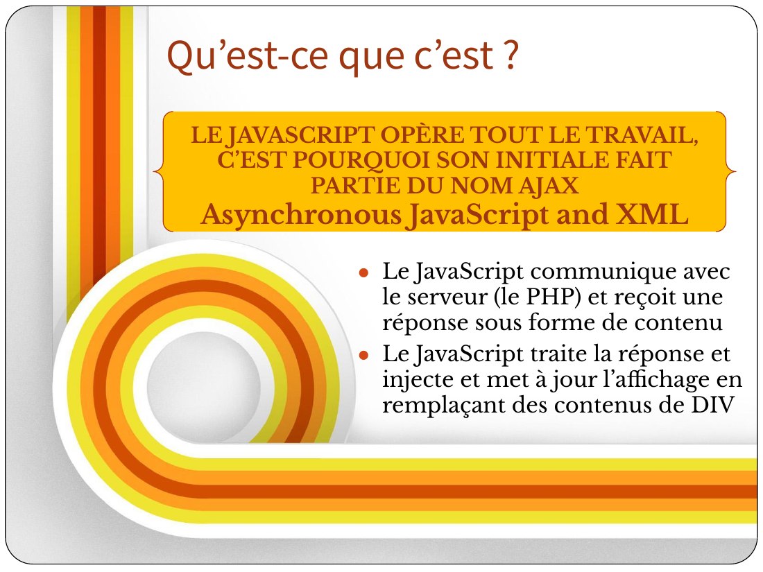 Le JavaScript communique avec le serveur (le PHP) et reçoit une réponse sous forme de contenu - Le JavaScript traite la réponse et injecte et met à jour l’affichage en remplaçant des contenus de DIV - Qu’est-ce que c’est ? - LE JAVASCRIPT OPÈRE TOUT LE TRAVAIL, C’EST POURQUOI SON INITIALE FAIT PARTIE DU NOM AJAX Asynchronous JavaScript and XML