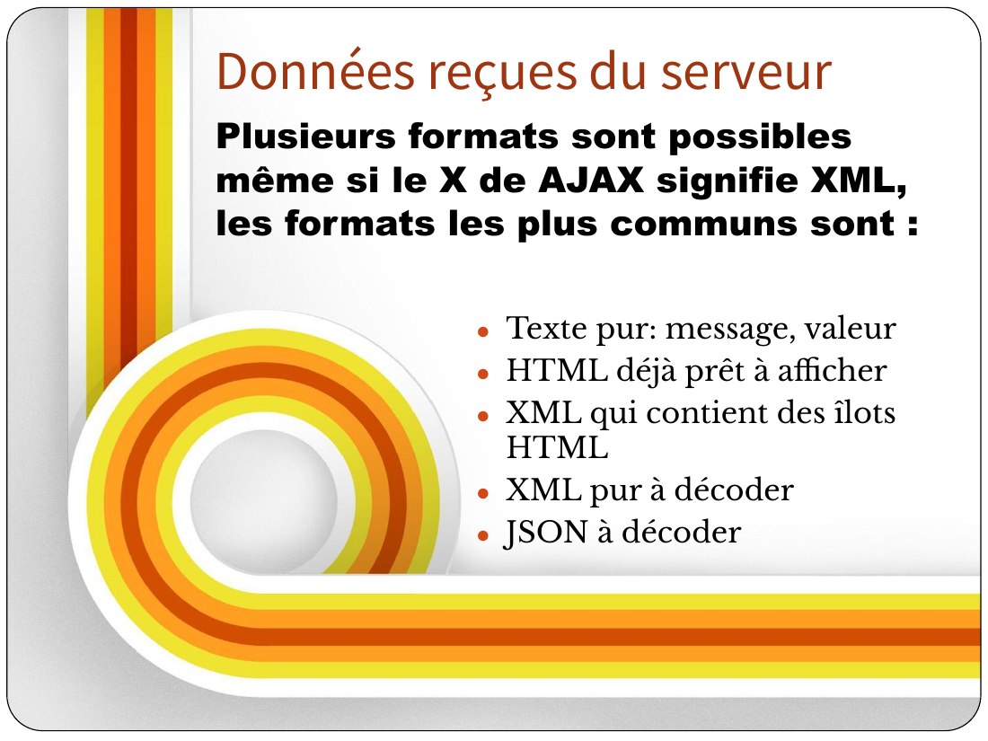 Texte pur: message, valeur - HTML déjà prêt à afficher - XML qui contient des îlots HTML - XML pur à décoder - JSON à décoder - Plusieurs formats sont possibles même si le X de AJAX signifie XML, les formats les plus communs sont : - Données reçues du serveur