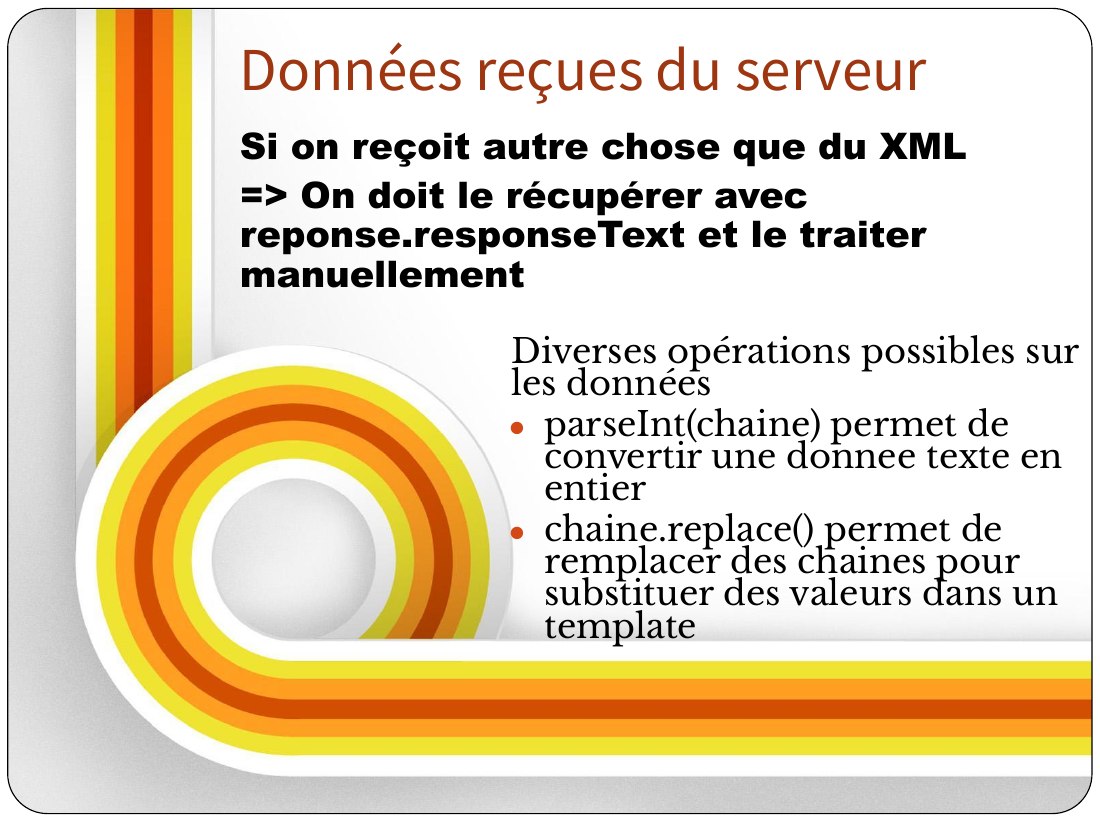 Diverses opérations possibles sur les données - parseInt(chaine) permet de convertir une donnee texte en entier - chaine.replace() permet de remplacer des chaines pour substituer des valeurs dans un template - Si on reçoit autre chose que du XML - => On doit le récupérer avec reponse.responseText et le traiter manuellement - Données reçues du serveur
