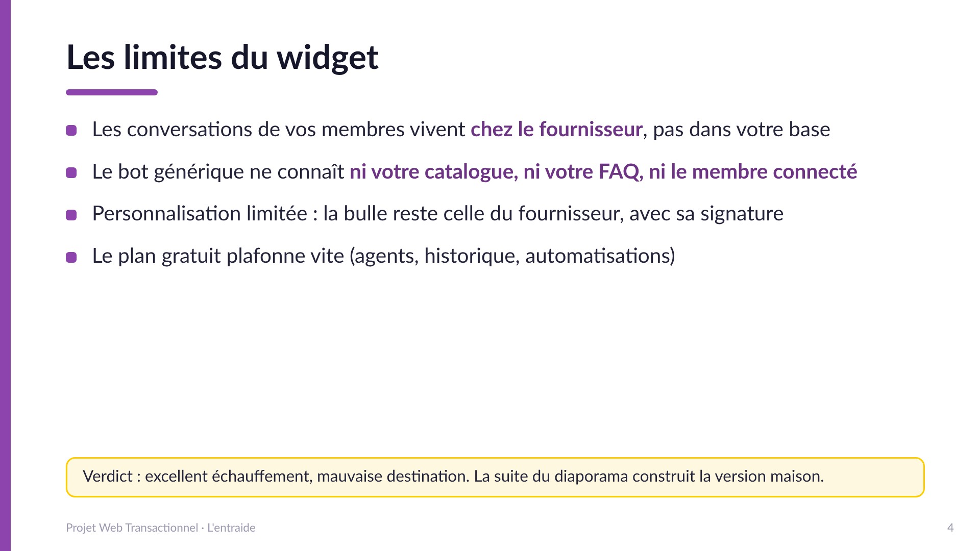 Les limites du widget - Les conversations vivent chez le fournisseur; le bot générique ne connaît ni votre catalogue, ni votre FAQ, ni le membre connecté; personnalisation limitée; le plan gratuit plafonne vite. Excellent échauffement, mauvaise destination.