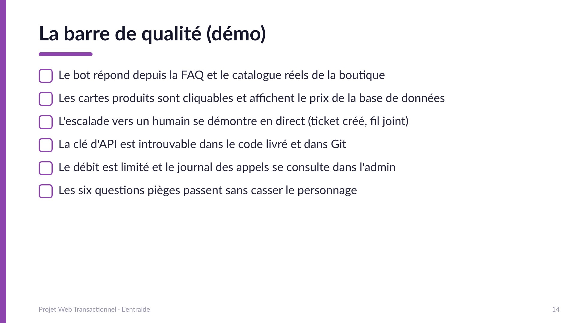 La barre de qualité (démo) - Le bot répond depuis la FAQ et le catalogue réels; cartes produits cliquables au prix de la base; escalade démontrée en direct; clé introuvable dans le code livré; débit limité et journal consultable; les six questions pièges passent.
