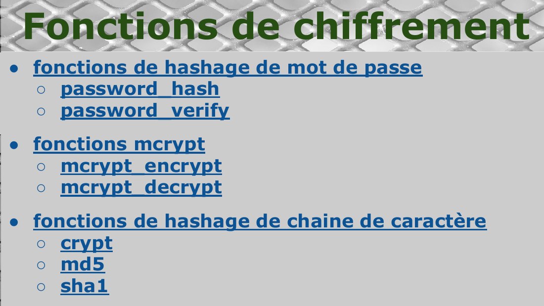 fonctions de hashage de mot de passe - password_hash - password_verify - fonctions mcrypt - mcrypt_encrypt - mcrypt_decrypt - fonctions de hashage de chaine de caractère - crypt - md5 - sha1 - Fonctions de chiffrement