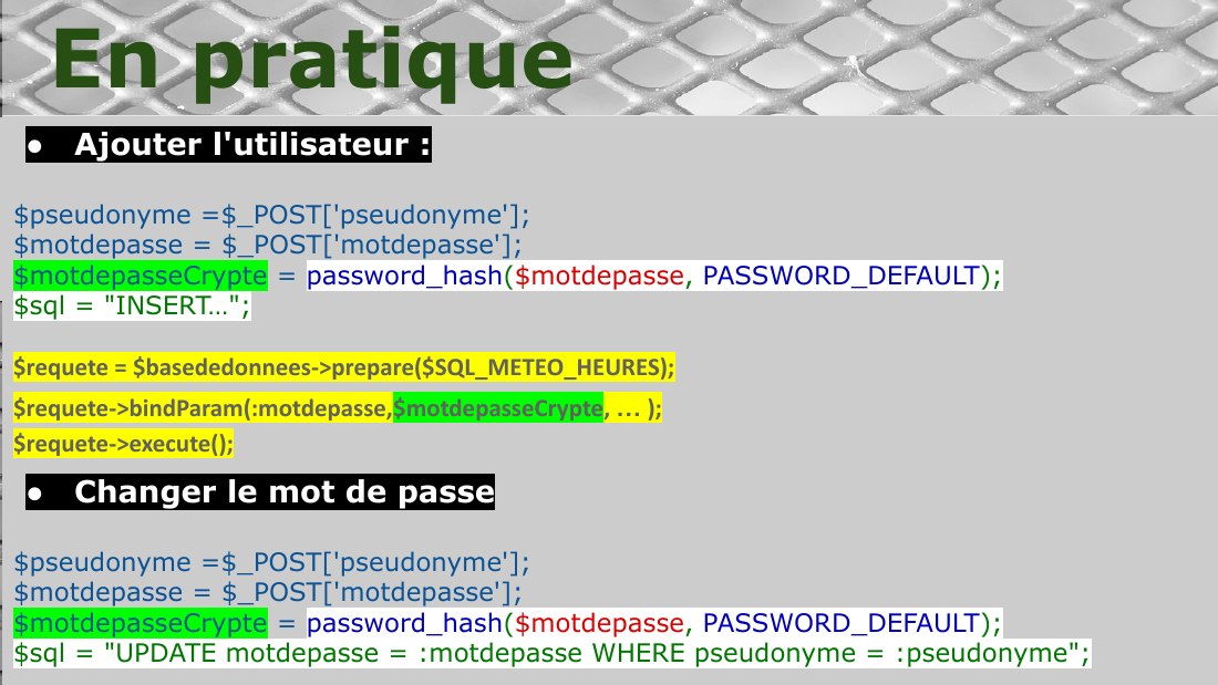 Ajouter l'utilisateur : - $pseudonyme =$_POST['pseudonyme']; $motdepasse = $_POST['motdepasse']; - $motdepasseCrypte = password_hash ( $motdepasse , PASSWORD_DEFAULT ); $sql = "INSERT…"; $requete = $basededonnees->prepare($SQL_METEO_HEURES); - $requete->bindParam(:motdepasse, $motdepasseCrypte , … ); $requete->execute(); - Changer le mot de passe - $pseudonyme =$_POST['pseudonyme']; $motdepasse =…