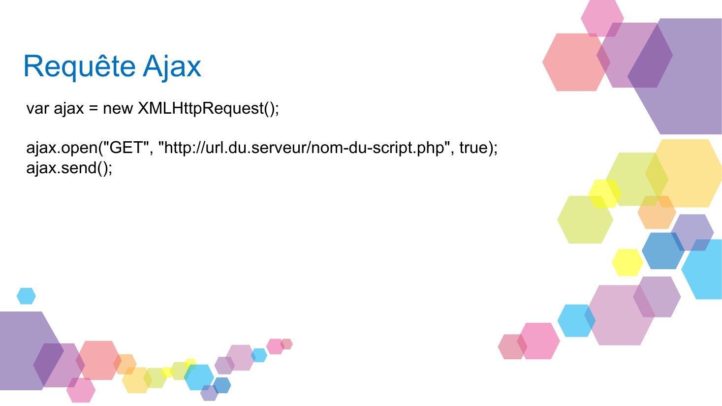 Requête Ajax - var ajax = new XMLHttpRequest(); - ajax .open("GET", "http://url.du.serveur/nom-du-script.php", true); - ajax .send();