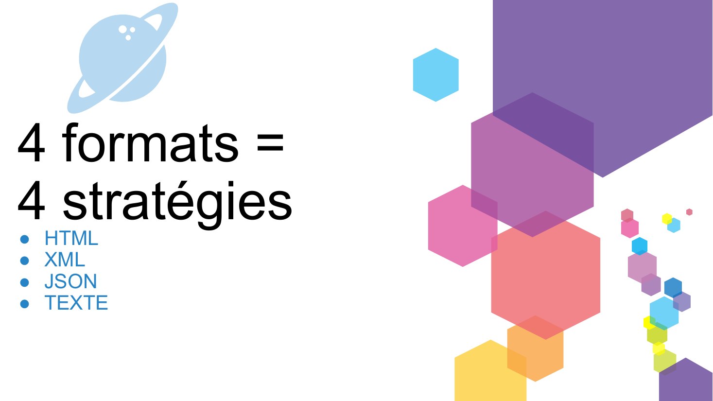 4 formats = 4 stratégies - HTML - XML - JSON - TEXTE