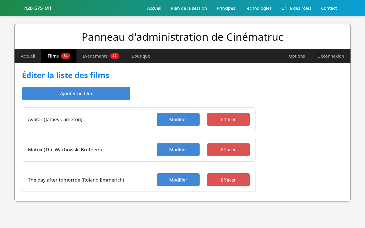 Exemple de panneau d'administration en liste Admin - Liste films