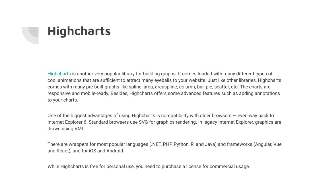 Highcharts - Highcharts is another very popular library for building graphs. It comes loaded with many different types of cool animations that are sufficient to attract many eyeballs to your website. Just like other libraries, Highcharts comes with many pre-built graphs like spline, area, areaspline, column, bar, pie, scatter, etc. The charts are responsive and mobile-ready. Besides, Highcharts…