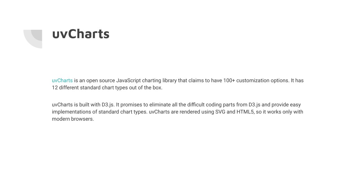 uvCharts - uvCharts is an open source JavaScript charting library that claims to have 100+ customization options. It has 12 different standard chart types out of the box. - uvCharts is built with D3.js. It promises to eliminate all the difficult coding parts from D3.js and provide easy implementations of standard chart types. uvCharts are rendered using SVG and HTML5, so it works only with modern…