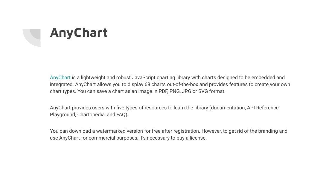AnyChart - AnyChart is a lightweight and robust JavaScript charting library with charts designed to be embedded and integrated. AnyChart allows you to display 68 charts out-of-the-box and provides features to create your own chart types. You can save a chart as an image in PDF, PNG, JPG or SVG format. - AnyChart provides users with five types of resources to learn the library (documentation, API…