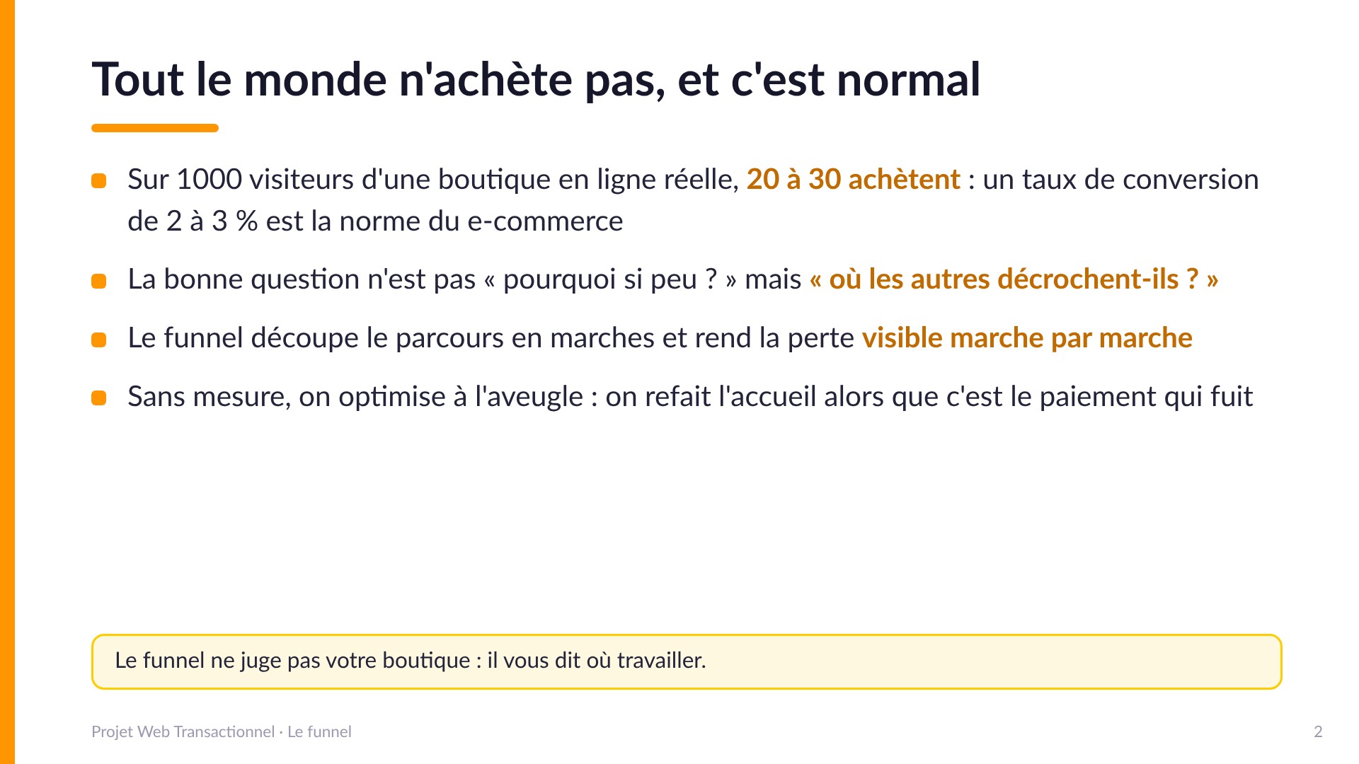 Tout le monde n'achète pas, et c'est normal - Sur 1000 visiteurs d'une boutique réelle, 20 à 30 achètent (2 à 3 % de conversion, la norme du e-commerce). La bonne question : où les autres décrochent-ils ? Le funnel rend la perte visible marche par marche. Le funnel ne juge pas votre boutique : il vous dit où travailler.