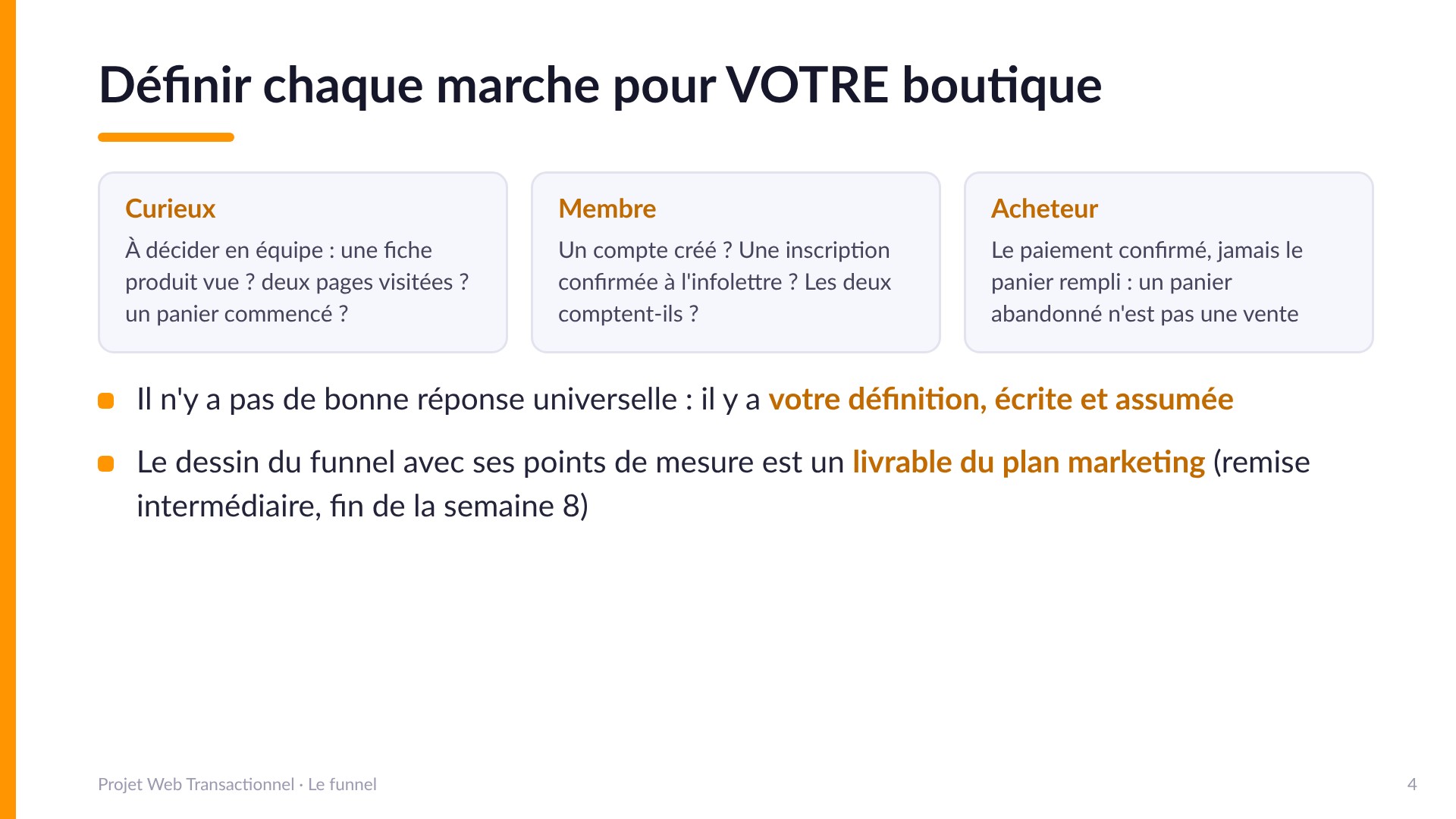 Définir chaque marche pour VOTRE boutique - Curieux : une fiche vue ? deux pages ? un panier commencé ? Membre : compte créé ou inscription confirmée ? Acheteur : le paiement confirmé, jamais le panier rempli. Il n'y a pas de réponse universelle : il y a votre définition, écrite et assumée. Le dessin du funnel avec ses points de mesure est un livrable du plan marketing (fin de la semaine 8).