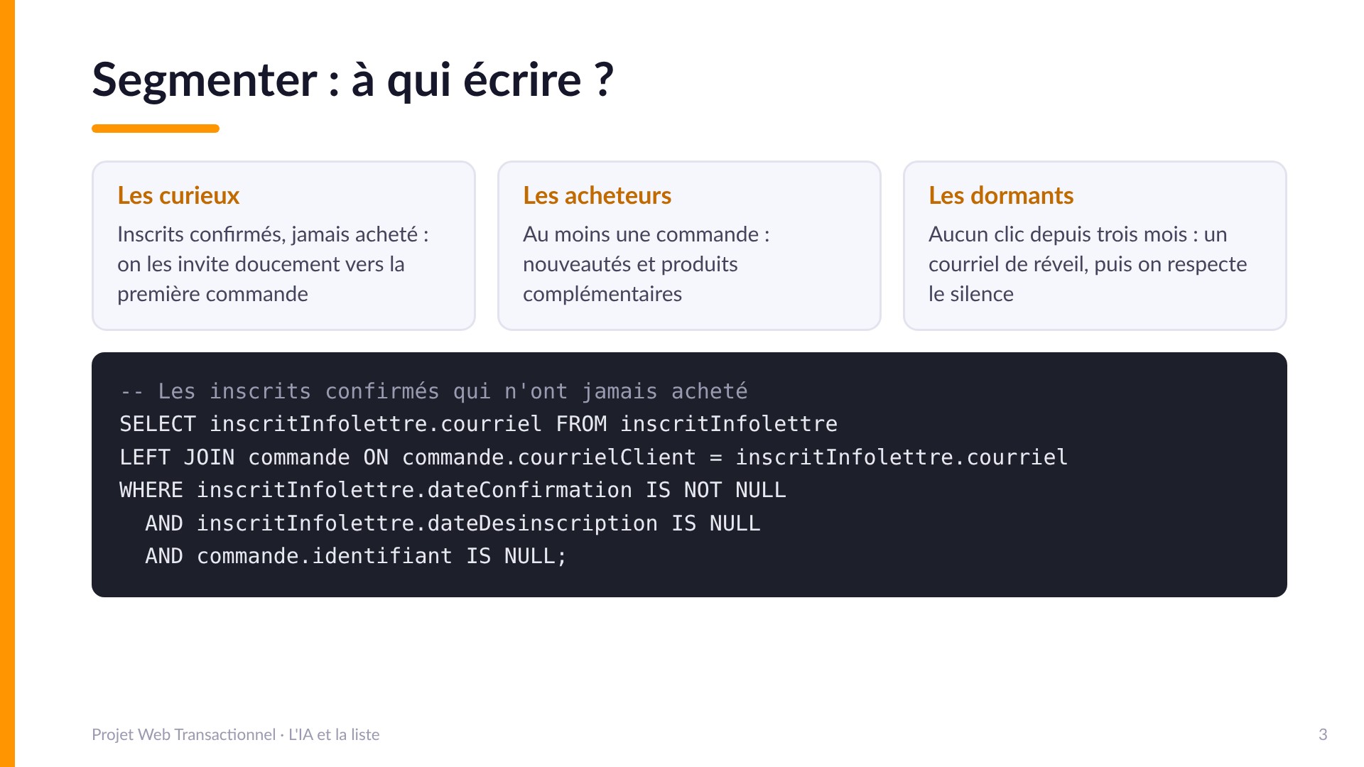 Segmenter : à qui écrire ? - Trois segments de départ : les curieux (inscrits confirmés jamais acheté, on les invite vers la première commande), les acheteurs (nouveautés et compléments), les dormants (aucun clic depuis trois mois : un courriel de réveil puis on respecte le silence). SQL : LEFT JOIN entre inscritInfolettre et commande pour trouver les confirmés sans commande.