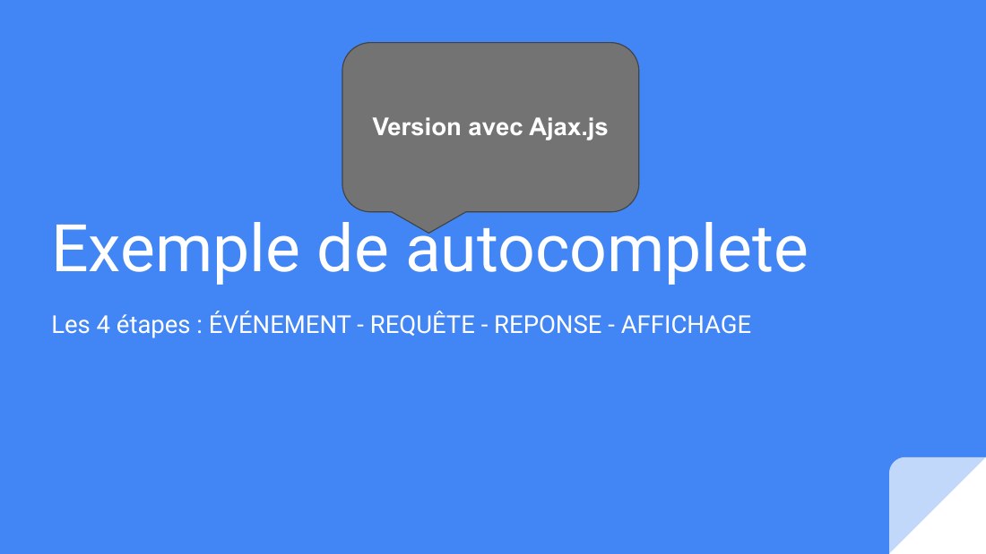Exemple de autocomplete - Les 4 étapes : ÉVÉNEMENT - REQUÊTE - REPONSE - AFFICHAGE - Version avec Ajax.js