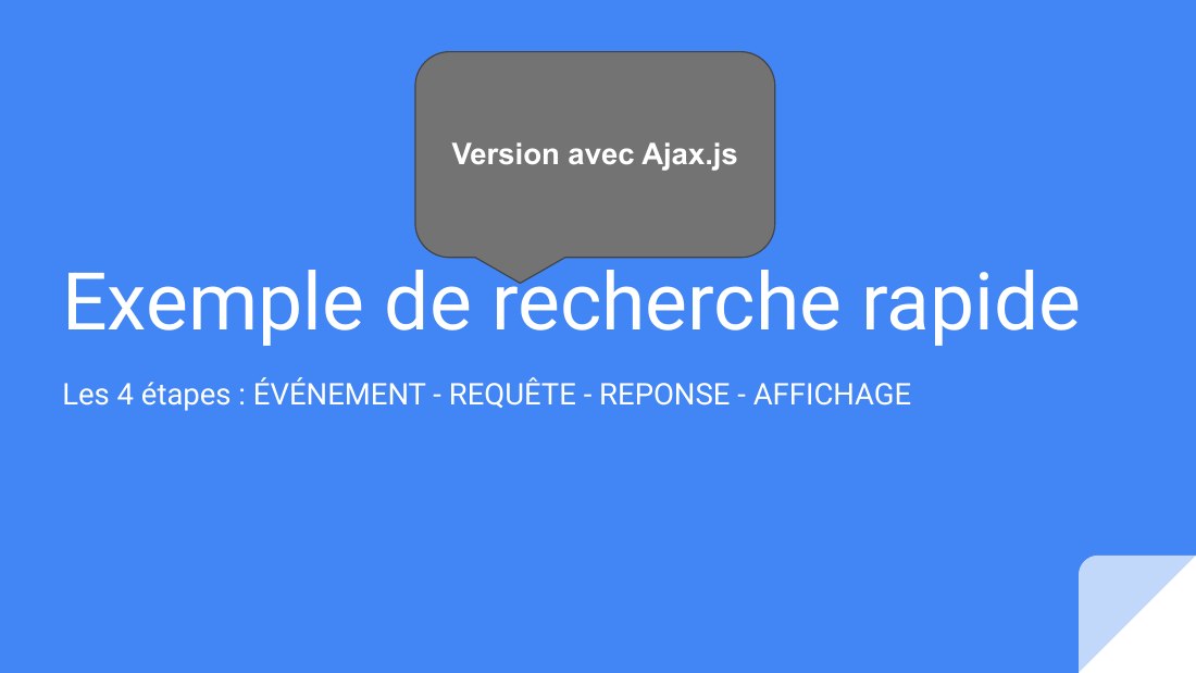 Exemple de recherche rapide - Les 4 étapes : ÉVÉNEMENT - REQUÊTE - REPONSE - AFFICHAGE - Version avec Ajax.js