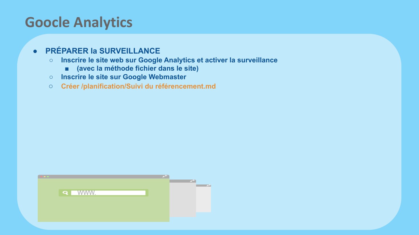 Goocle Analytics - WWW. - PRÉPARER la SURVEILLANCE - Inscrire le site web sur Google Analytics et activer la surveillance - (avec la méthode fichier dans le site) - Inscrire le site sur Google Webmaster - Créer /planification/Suivi du référencement.md