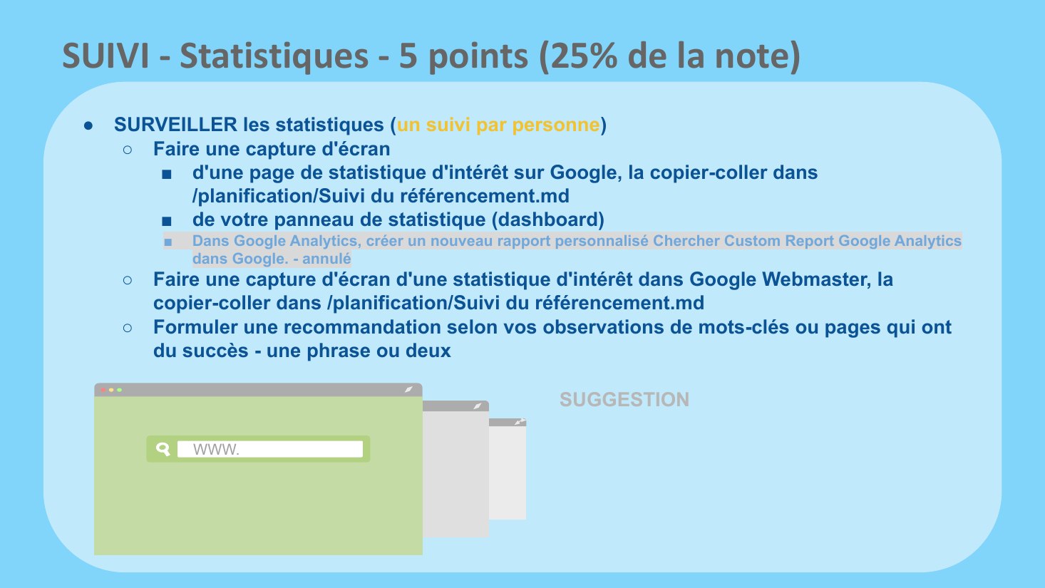 SUIVI - Statistiques - 5 points (25% de la note) - WWW. - SURVEILLER les statistiques ( un suivi par personne ) - Faire une capture d'écran - d'une page de statistique d'intérêt sur Google, la copier-coller dans /planification/Suivi du référencement.md - de votre panneau de statistique (dashboard) - Dans Google Analytics, créer un nouveau rapport personnalisé Chercher Custom Report Google…