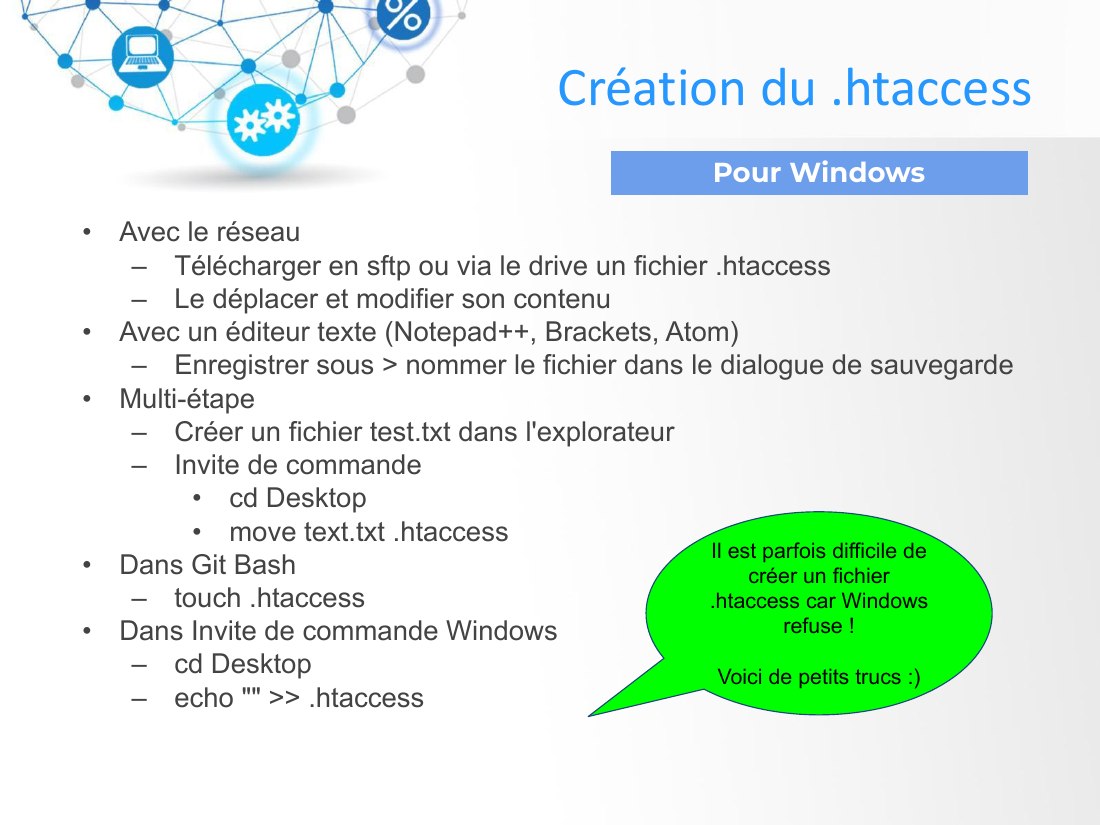 Avec le réseau - Télécharger en sftp ou via le drive un fichier .htaccess - Le déplacer et modifier son contenu - Avec un éditeur texte (Notepad++, Brackets, Atom) - Enregistrer sous > nommer le fichier dans le dialogue de sauvegarde - Multi-étape - Créer un fichier test.txt dans l'explorateur - Invite de commande - cd Desktop - move text.txt .htaccess - Dans Git Bash - touch .htaccess - Dans…