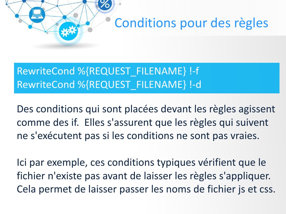 Conditions pour des règles - RewriteCond %{REQUEST_FILENAME} !-f RewriteCond %{REQUEST_FILENAME} !-d - Des conditions qui sont placées devant les règles agissent comme des if. Elles s'assurent que les règles qui suivent ne s'exécutent pas si les conditions ne sont pas vraies. - Ici par exemple, ces conditions typiques vérifient que le fichier n'existe pas avant de laisser les règles s'appliquer.…