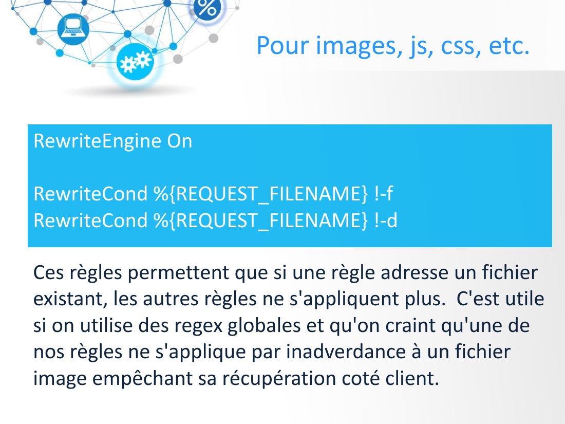 Pour images, js, css, etc. - RewriteEngine On - RewriteCond %{REQUEST_FILENAME} !-f RewriteCond %{REQUEST_FILENAME} !-d - Ces règles permettent que si une règle adresse un fichier existant, les autres règles ne s'appliquent plus. C'est utile si on utilise des regex globales et qu'on craint qu'une de nos règles ne s'applique par inadverdance à un fichier image empêchant sa récupération coté client.