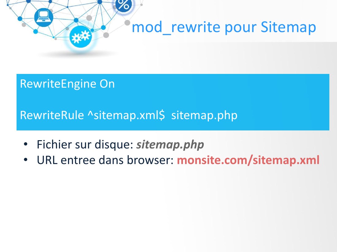 mod_rewrite pour Sitemap - RewriteEngine On - RewriteRule ^sitemap.xml$ sitemap.php - Fichier sur disque: sitemap.php - URL entree dans browser: monsite.com/sitemap.xml