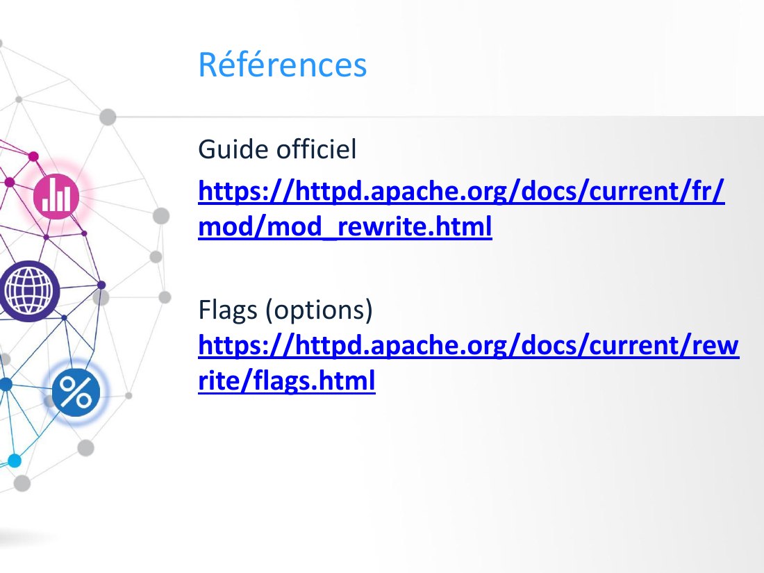 Références - Guide officiel - https://httpd.apache.org/docs/current/fr/mod/mod_rewrite.html - Flags (options) https://httpd.apache.org/docs/current/rewrite/flags.html