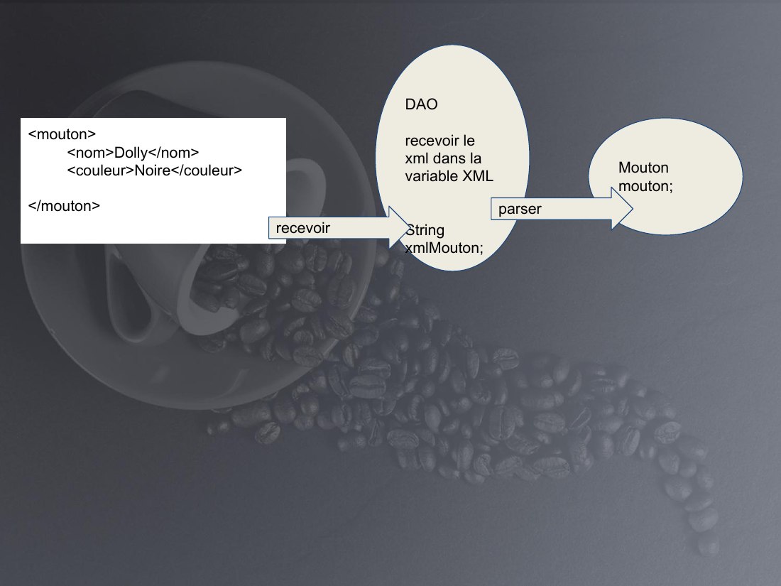 <mouton> - <nom>Dolly</nom> - <couleur>Noire</couleur> - </mouton> - DAO - recevoir le xml dans la variable XML - String xmlMouton; - Mouton mouton; - recevoir - parser