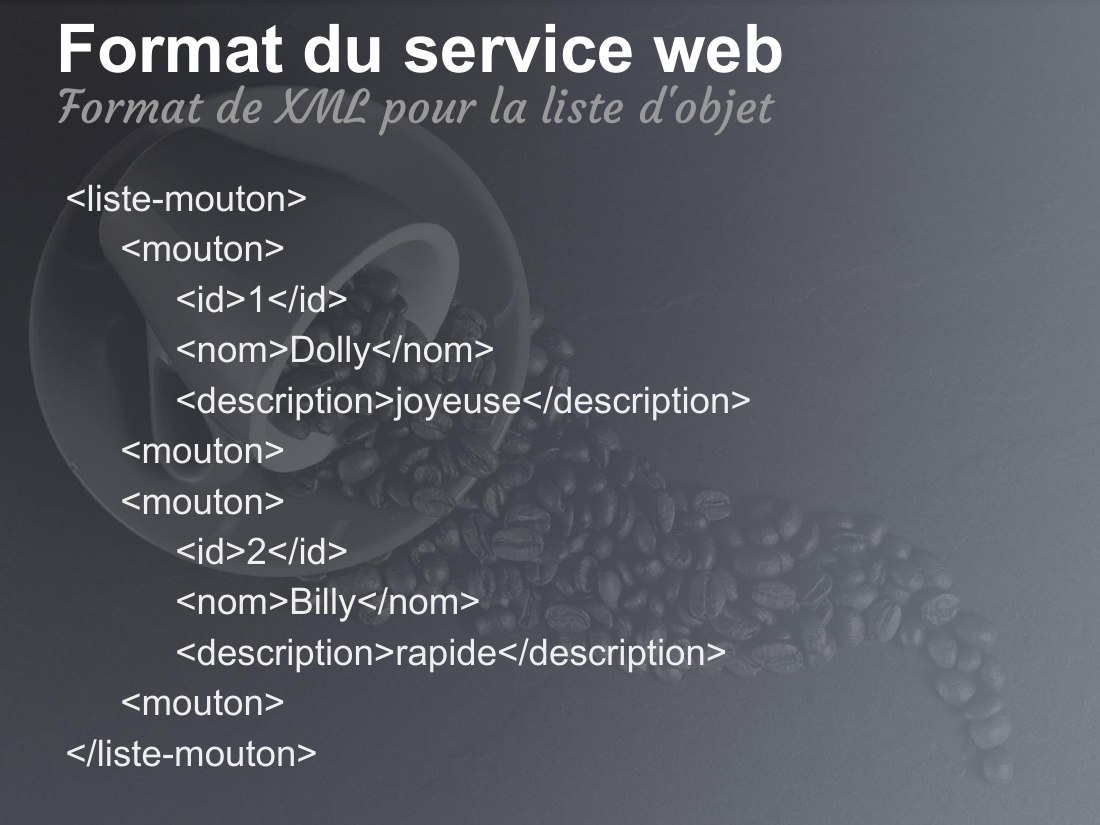 Format du service web - <liste-mouton> - <mouton> - <id>1</id> - <nom>Dolly</nom> - <description>joyeuse</description> - <mouton> - <mouton> - <id>2</id> - <nom>Billy</nom> - <description>rapide</description> - <mouton> - </liste-mouton> - Format de XML pour la liste d'objet