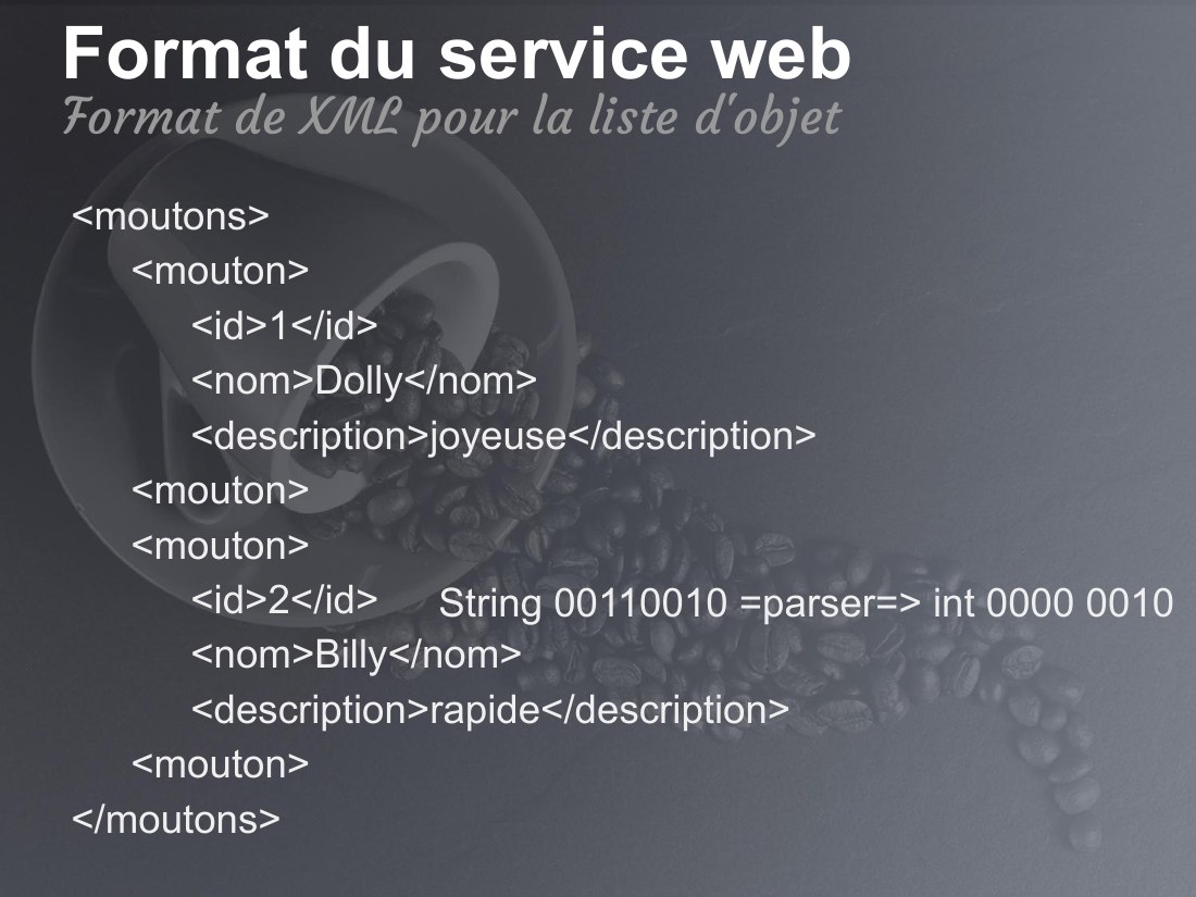 Format du service web - <moutons> - <mouton> - <id>1</id> - <nom>Dolly</nom> - <description>joyeuse</description> - <mouton> - <mouton> - <id>2</id> - <nom>Billy</nom> - <description>rapide</description> - <mouton> - </moutons> - Format de XML pour la liste d'objet - String 00110010 =parser=> int 0000 0010
