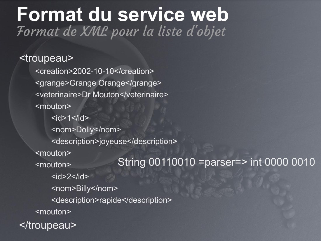 <troupeau> - <creation>2002-10-10</creation> - <grange>Grange Orange</grange> - <veterinaire>Dr Mouton</veterinaire> - <mouton> - <id>1</id> - <nom>Dolly</nom> - <description>joyeuse</description> - <mouton> - <mouton> - <id>2</id> - <nom>Billy</nom> - <description>rapide</description> - <mouton> - </troupeau> - Format du service web - Format de XML pour la liste d'objet - String 00110010…