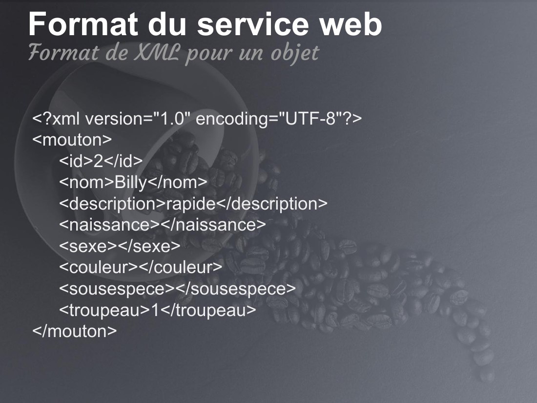 Format du service web - <?xml version="1.0" encoding="UTF-8"?> <mouton> <id>2</id> <nom>Billy</nom> <description>rapide</description> <naissance></naissance> <sexe></sexe> <couleur></couleur> <sousespece></sousespece> <troupeau>1</troupeau> </mouton> - Format de XML pour un objet