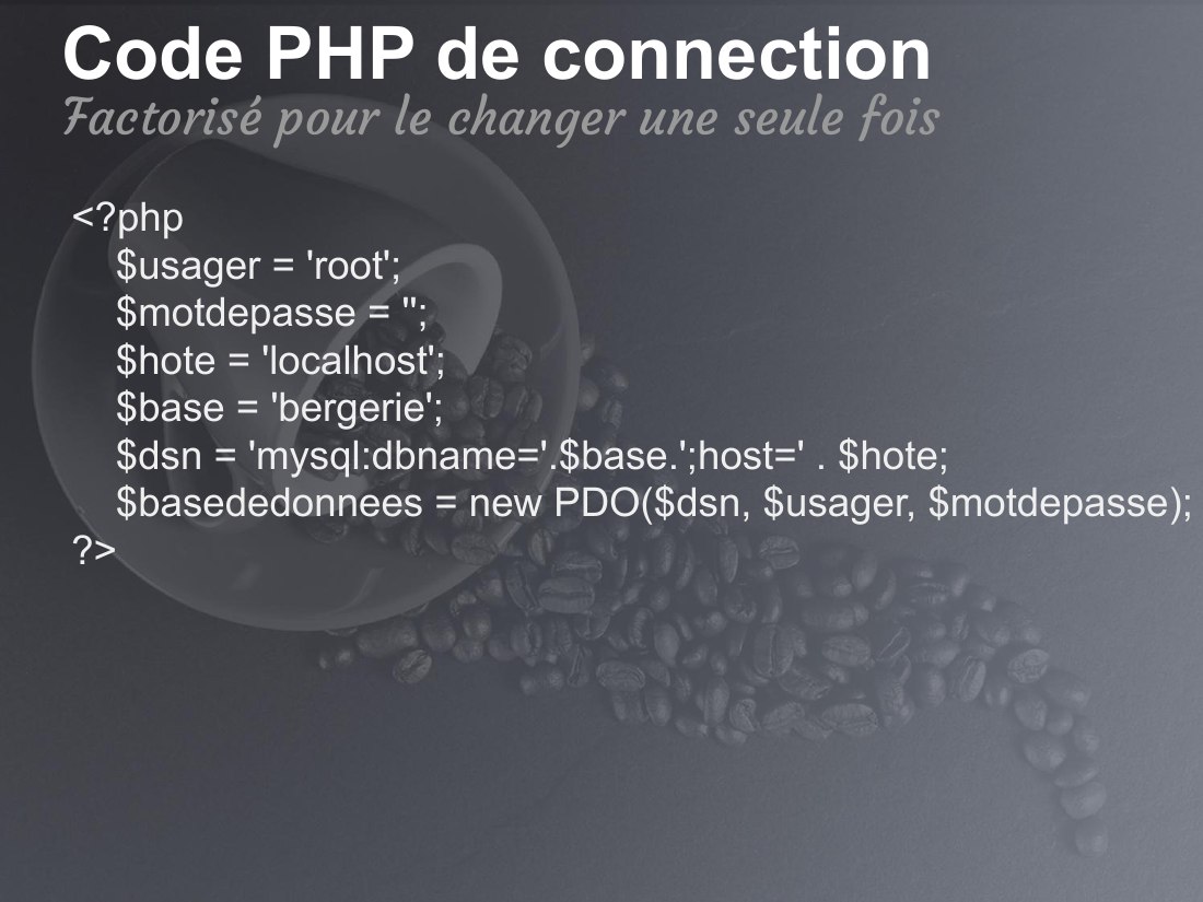 Code PHP de connection - <?php $usager = 'root'; $motdepasse = ''; $hote = 'localhost'; $base = 'bergerie'; $dsn = 'mysql:dbname='.$base.';host=' . $hote; $basededonnees = new PDO($dsn, $usager, $motdepasse); ?> - Factorisé pour le changer une seule fois