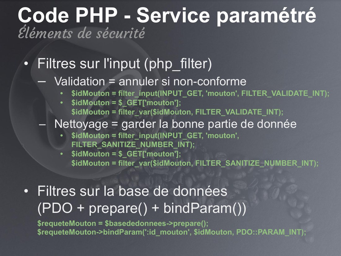 Filtres sur l'input (php_filter) - Validation = annuler si non-conforme - $idMouton = filter_input(INPUT_GET, 'mouton', FILTER_VALIDATE_INT); - $idMouton = $_GET['mouton']; $idMouton = filter_var($idMouton, FILTER_VALIDATE_INT); - Nettoyage = garder la bonne partie de donnée - $idMouton = filter_input(INPUT_GET, 'mouton', FILTER_SANITIZE_NUMBER_INT); - $idMouton = $_GET['mouton']; $idMouton =…