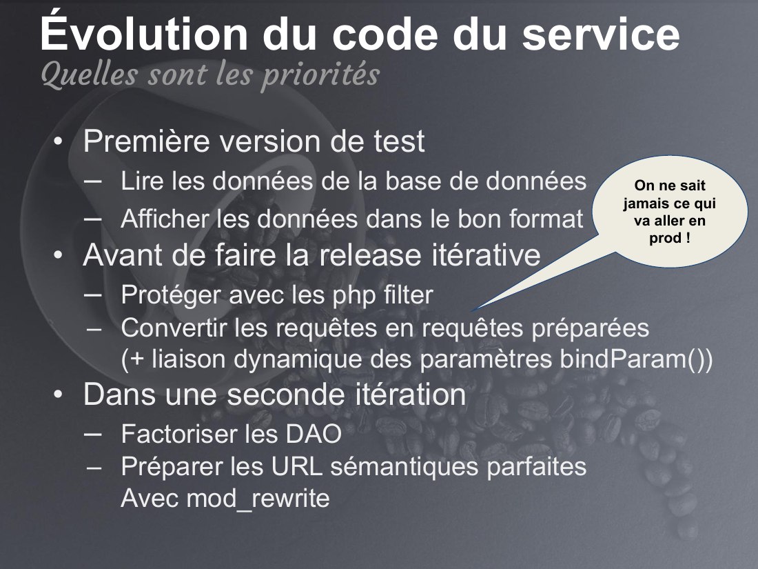 Première version de test - Lire les données de la base de données - Afficher les données dans le bon format - Avant de faire la release itérative - Protéger avec les php filter - Convertir les requêtes en requêtes préparées (+ liaison dynamique des paramètres bindParam()) - Dans une seconde itération - Factoriser les DAO - Préparer les URL sémantiques parfaites Avec mod_rewrite - Évolution du…