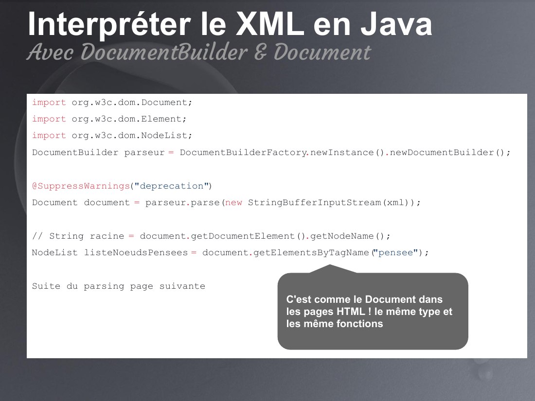 Interpréter le XML en Java - import org.w3c.dom.Document; - import org.w3c.dom.Element; - import org.w3c.dom.NodeList; - DocumentBuilder parseur = DocumentBuilderFactory . newInstance() . newDocumentBuilder(); - @SuppressWarnings ( "deprecation" ) - Document document = parseur . parse( new StringBufferInputStream(xml)); - // String racine = document . getDocumentElement() . getNodeName(); -…