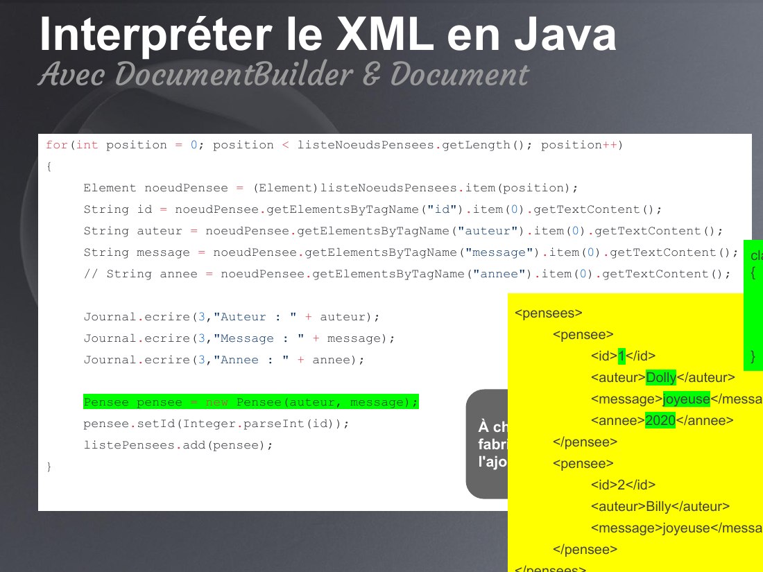 Interpréter le XML en Java - for ( int position = 0 ; position < listeNoeudsPensees . getLength(); position ++ ) - { - Element noeudPensee = (Element)listeNoeudsPensees . item(position); - String id = noeudPensee . getElementsByTagName( "id" ) . item( 0 ) . getTextContent(); - String auteur = noeudPensee . getElementsByTagName( "auteur" ) . item( 0 ) . getTextContent(); - String message =…
