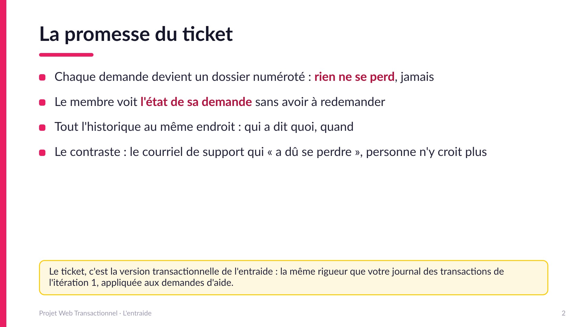 La promesse du ticket - Chaque demande devient un dossier numéroté : rien ne se perd; le membre voit l'état de sa demande sans redemander; tout l'historique au même endroit. La même rigueur que le journal des transactions de l'itération 1, appliquée aux demandes d'aide.