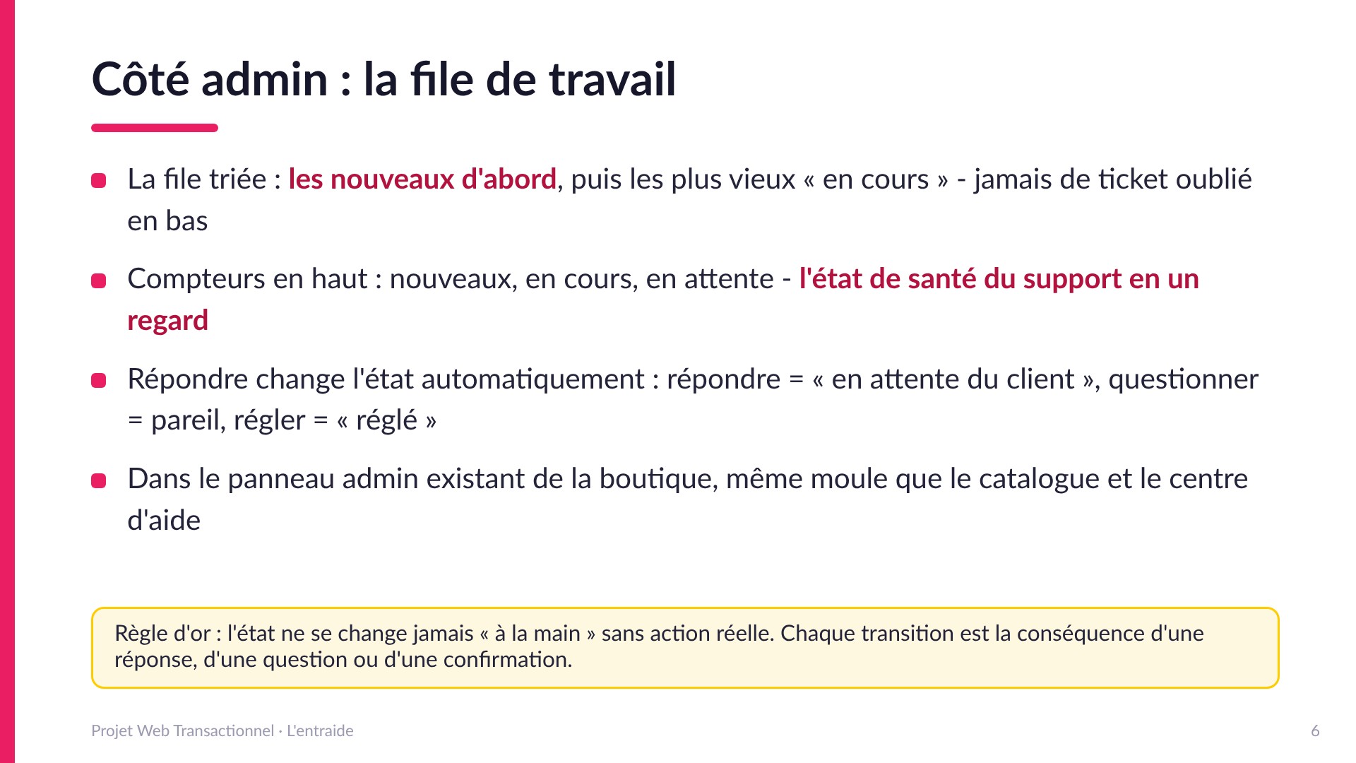 Côté admin : la file de travail - La file triée (les nouveaux d'abord, puis les plus vieux en cours), compteurs en haut, répondre change l'état automatiquement, le tout dans le panneau admin existant. L'état ne se change jamais à la main sans action réelle.