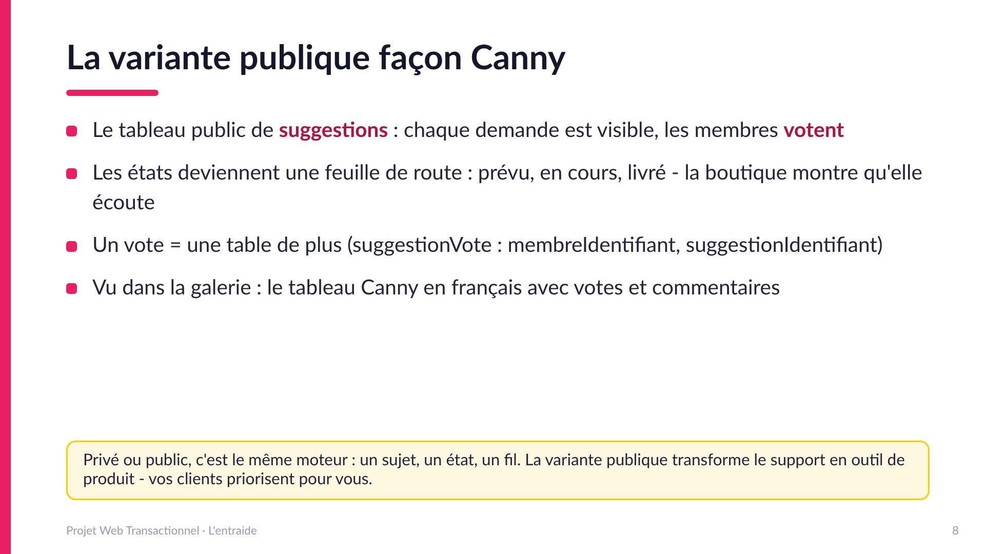La variante publique façon Canny - Le tableau public de suggestions : demandes visibles, votes des membres, états en feuille de route (prévu, en cours, livré). Une table de plus (suggestionVote). Le support devient un outil de produit : vos clients priorisent pour vous.