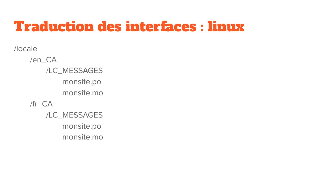 Traduction des interfaces : linux - /locale /en_CA /LC_MESSAGES monsite.po monsite.mo /fr_CA /LC_MESSAGES monsite.po monsite.mo