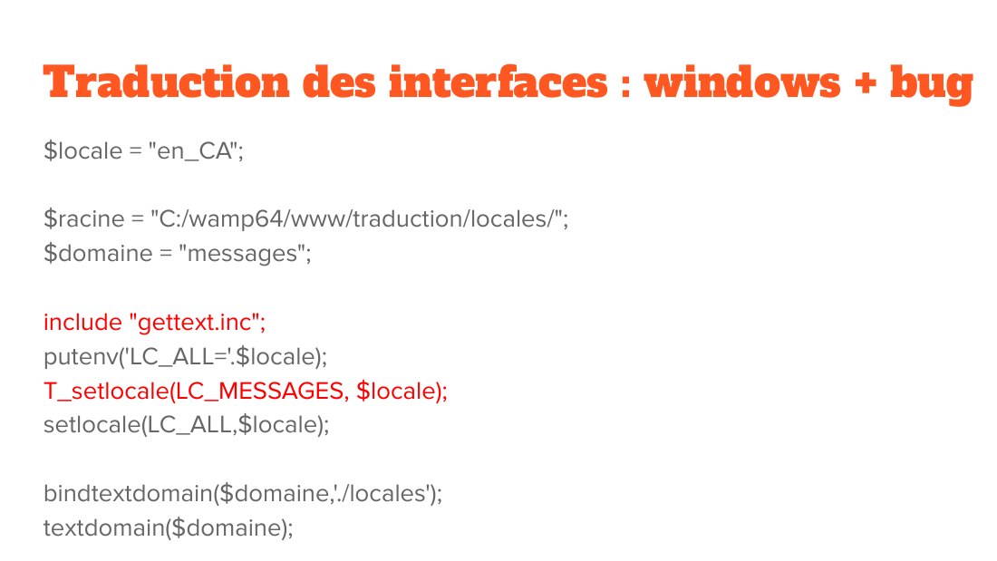 Traduction des interfaces : windows + bug - $locale = "en_CA"; - $racine = "C:/wamp64/www/traduction/locales/"; - $domaine = "messages"; - include "gettext.inc"; - putenv('LC_ALL='.$locale); - T_setlocale(LC_MESSAGES, $locale); - setlocale(LC_ALL,$locale); - bindtextdomain($domaine,'./locales'); - textdomain($domaine);