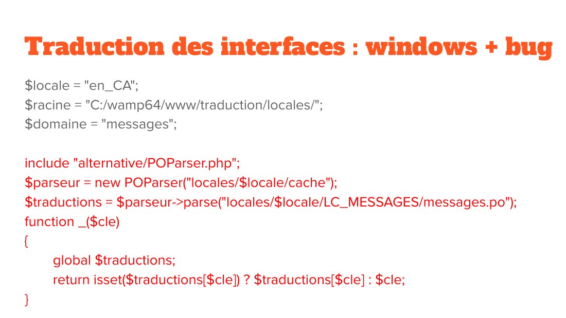 Traduction des interfaces : windows + bug - $locale = "en_CA"; - $racine = "C:/wamp64/www/traduction/locales/"; - $domaine = "messages"; - include "alternative/POParser.php"; - $parseur = new POParser("locales/$locale/cache"); - $traductions = $parseur->parse("locales/$locale/LC_MESSAGES/messages.po"); - function _($cle) - { - global $traductions; - return isset($traductions[$cle]) ?…