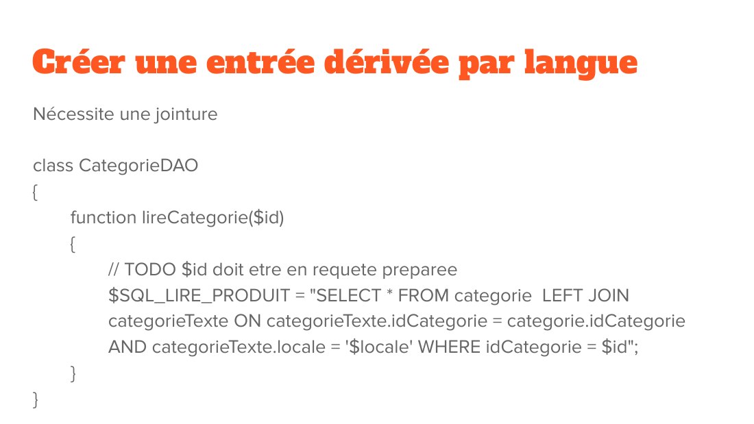 Créer une entrée dérivée par langue - Nécessite une jointure - class CategorieDAO - { - function lireCategorie($id) - { - // TODO $id doit etre en requete preparee - $SQL_LIRE_PRODUIT = "SELECT * FROM categorie LEFT JOIN categorieTexte ON categorieTexte.idCategorie = categorie.idCategorie AND categorieTexte.locale = '$locale' WHERE idCategorie = $id"; - } - }